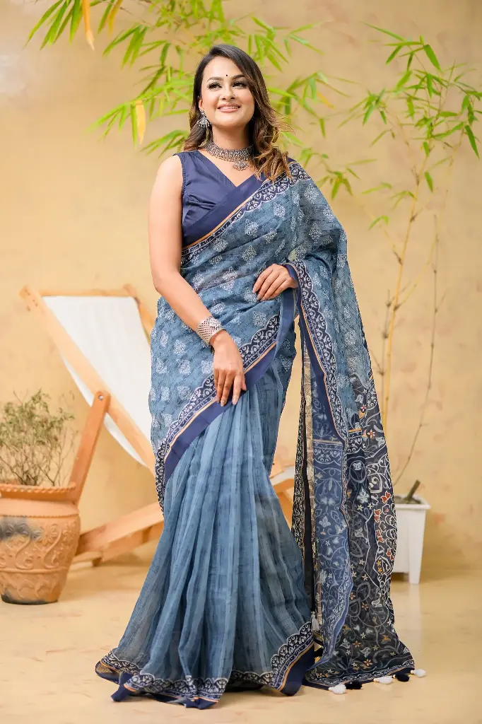 Anarkoli- Teal Blue White Floral Design Royal Blue Anchal Mix Cotton Sharee