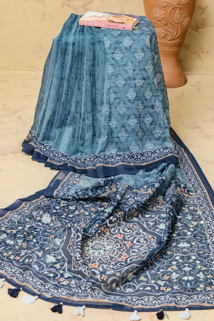 Teal Blue White Floral Design Royal Blue Anchal Mix Cotton Sharee