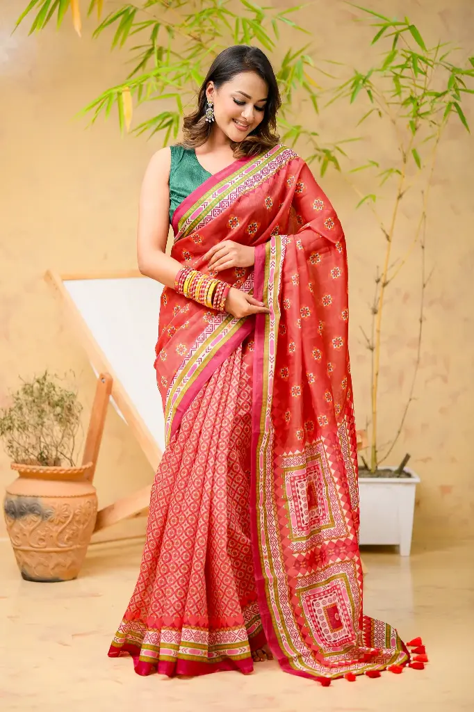 [0108] Moumita- Red Body Small Flower Lemon Cream Maroon Box Design Mix Cotton Sharee