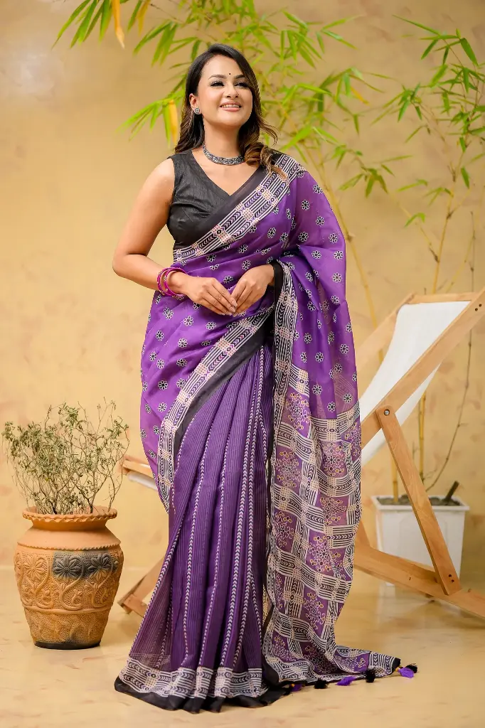 Hriddhi- Purple Body Black Small Flower Mix Cotton Sharee