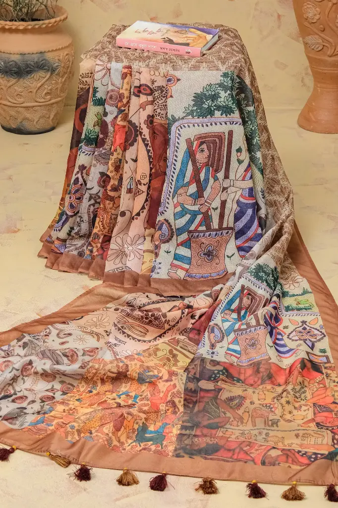 Nude Brown Body Village Theme Mix Cotton Sharee