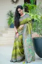 Potro Maya- Moss Green Body Black Small Leaf Design Mix Cotton Sharee