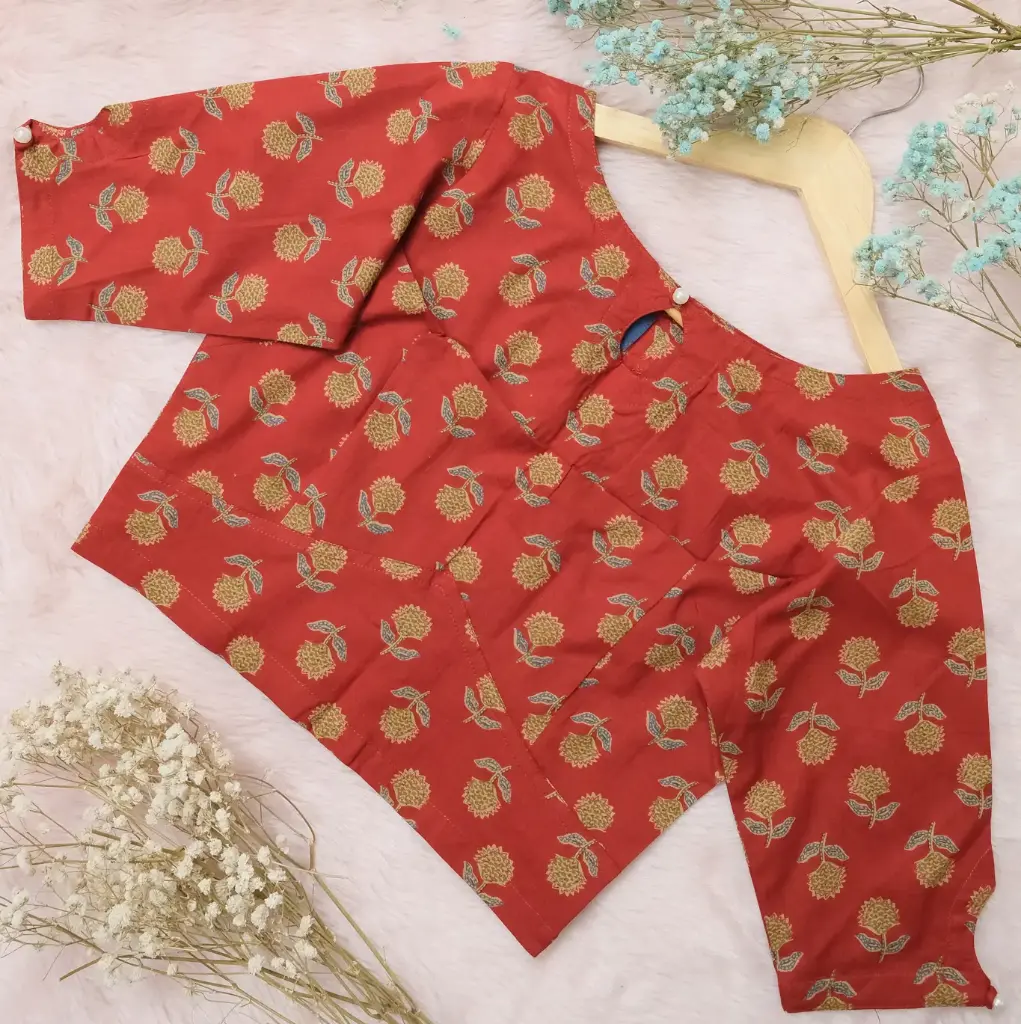 Terracotta Body Mustard yellow Flower Pearl Button Jaypuri Cotton Blouse