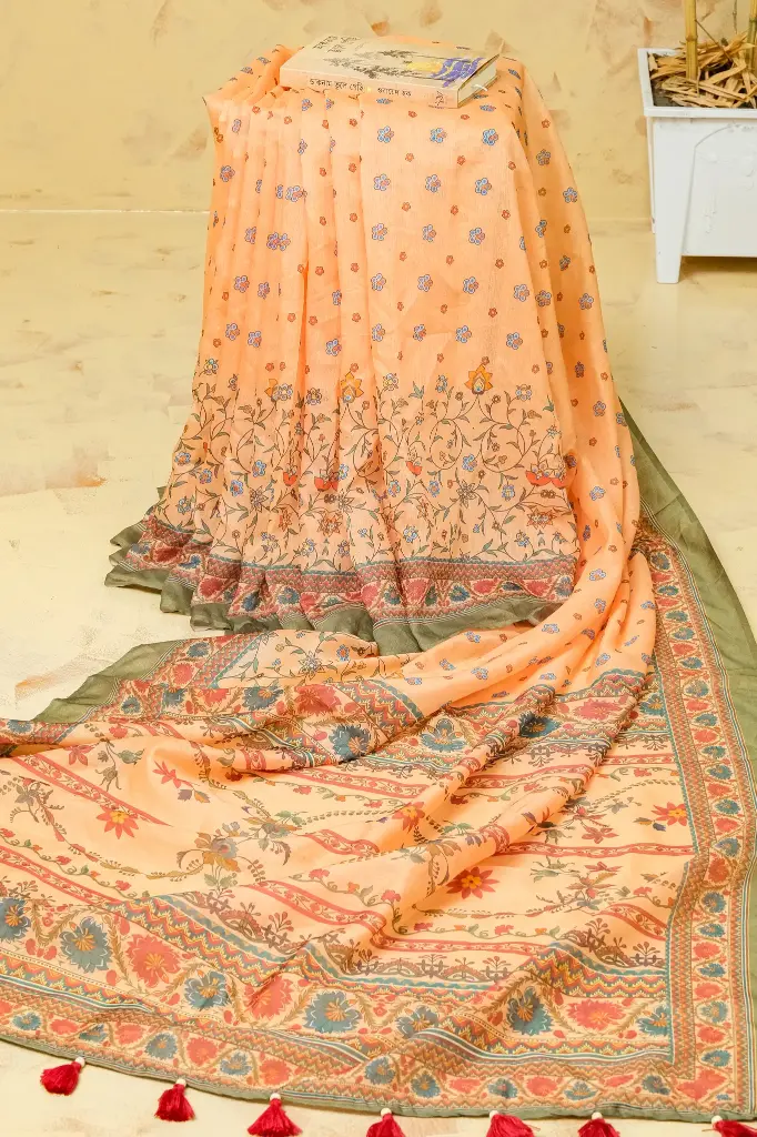 Soft Peach Floral Digital Print Mix Cotton Sharee
