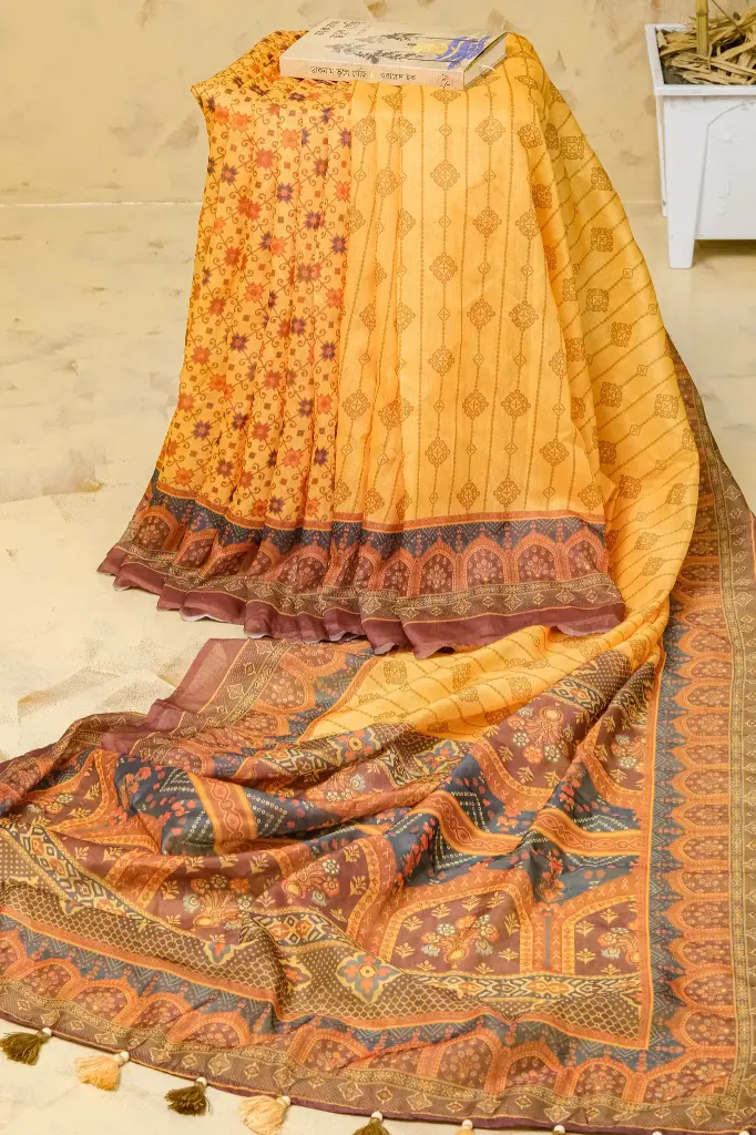 Mustard Yellow Body Coffee Anchal Digital Print Mix Cotton Sharee