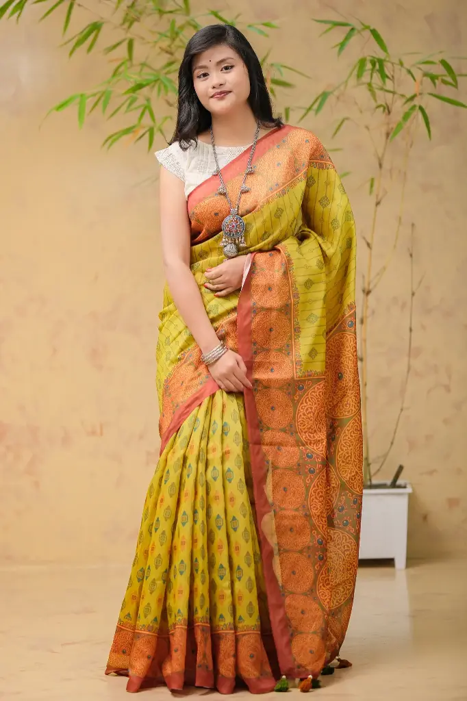 Mustard Yellow Body Green Floral Digital Print Mix Cotton Sharee