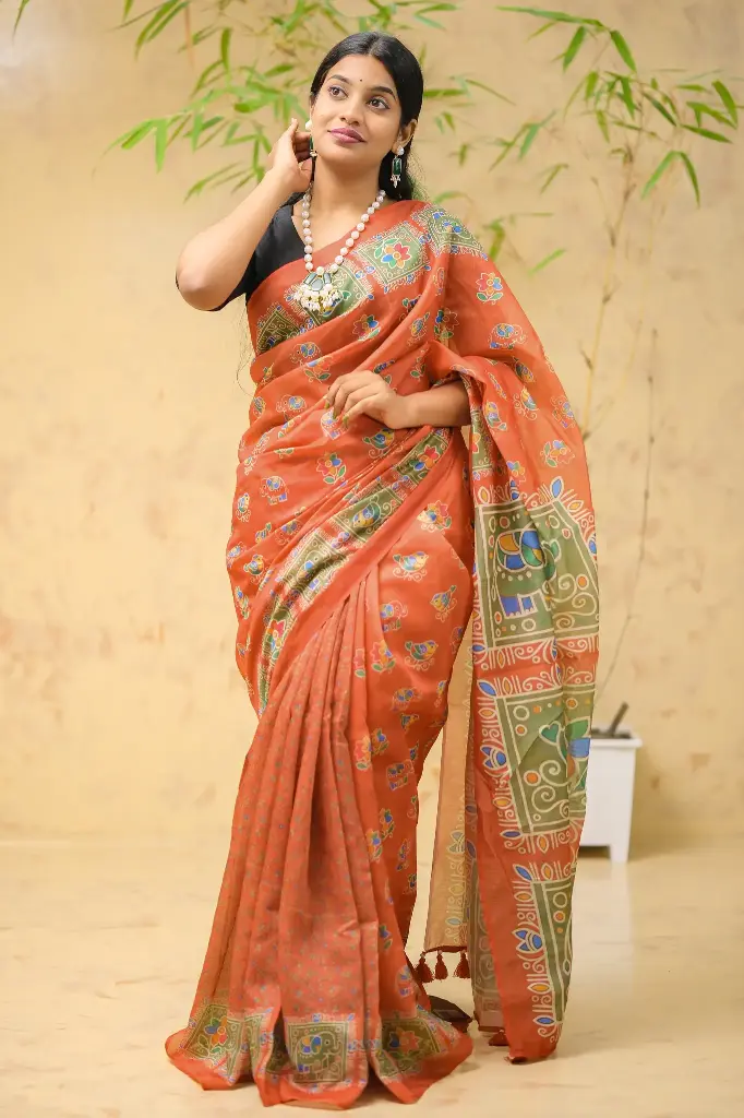Terracotta Body Olive Green Anchal Digital Print Mix Cotton Sharee