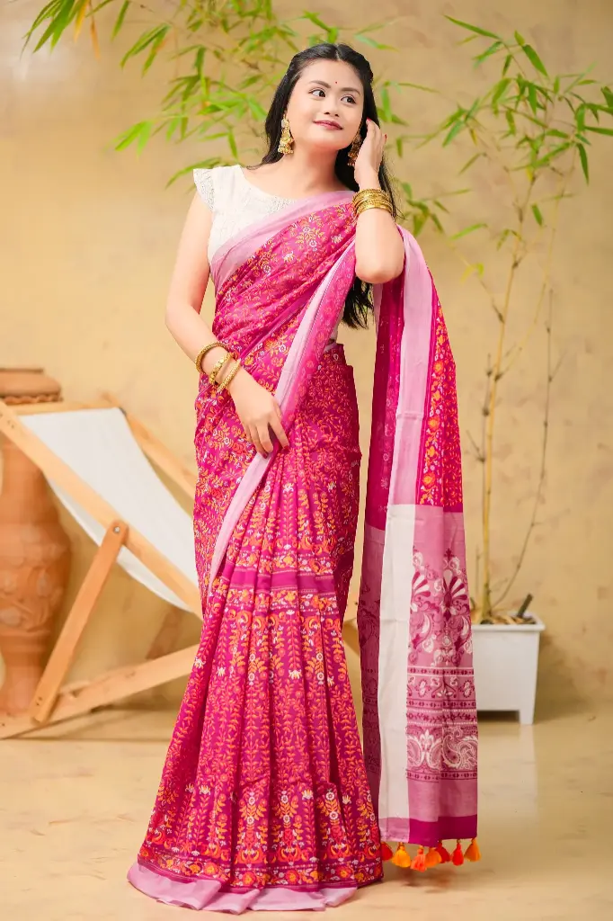 Deep Maroon Soft Pink Floral Block Print Sharee 