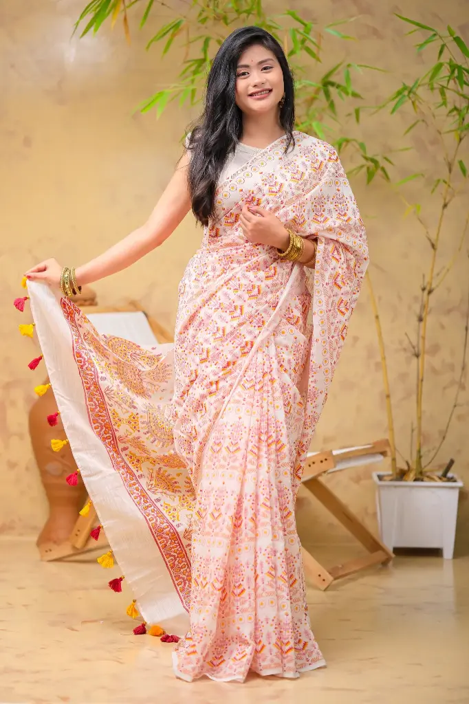 Off White Body Pink Yellow Floral Block Print Sharee 