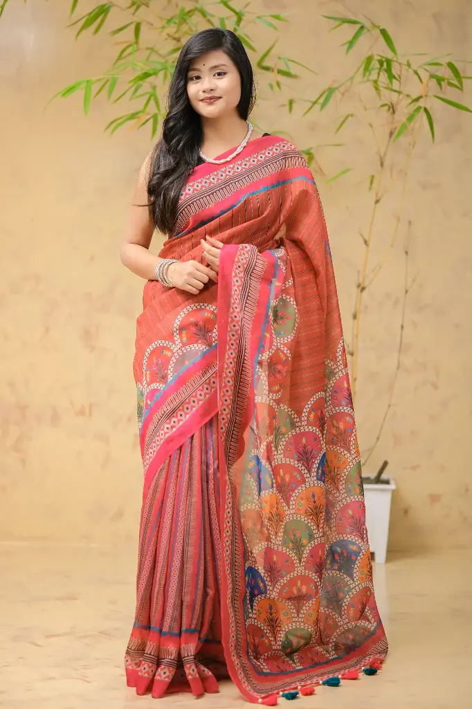 Multicolor Leaf Motif Digital Print Mix Cotton Sharee