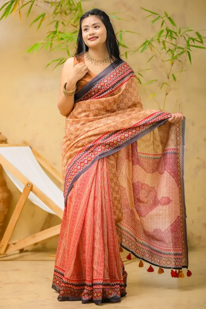 Red Brown Digital Print Mix Cotton Sharee