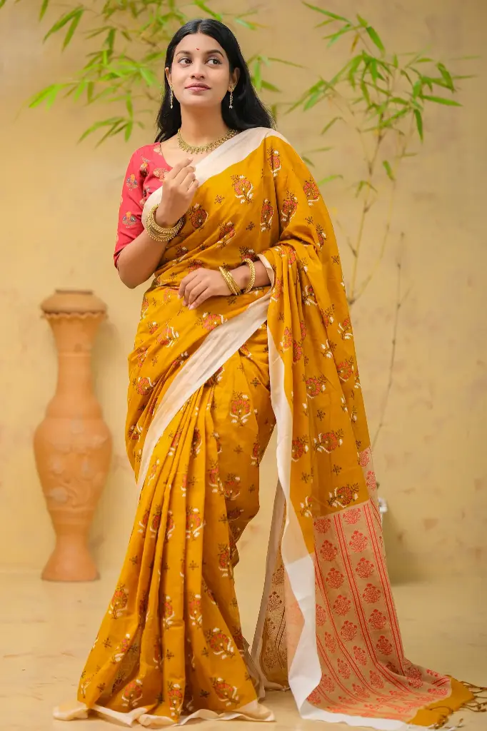 Mustard Yellow Body Light Khaki Anchal Screen Print Cotton Sharee