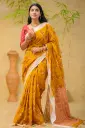 Mustard Yellow Body Light Khaki Anchal Screen Print Cotton Sharee