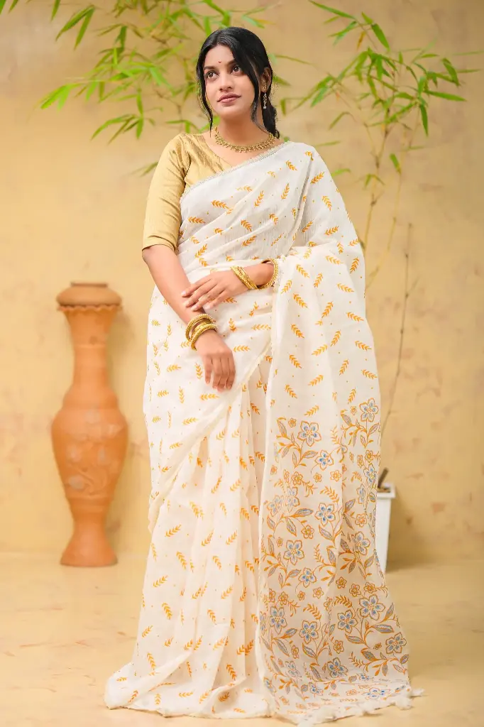 Off-White Body Blue Mustard Brown Floral Screen Print Cotton Sharee