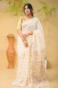 Off-White Body Blue Mustard Brown Floral Screen Print Cotton Sharee