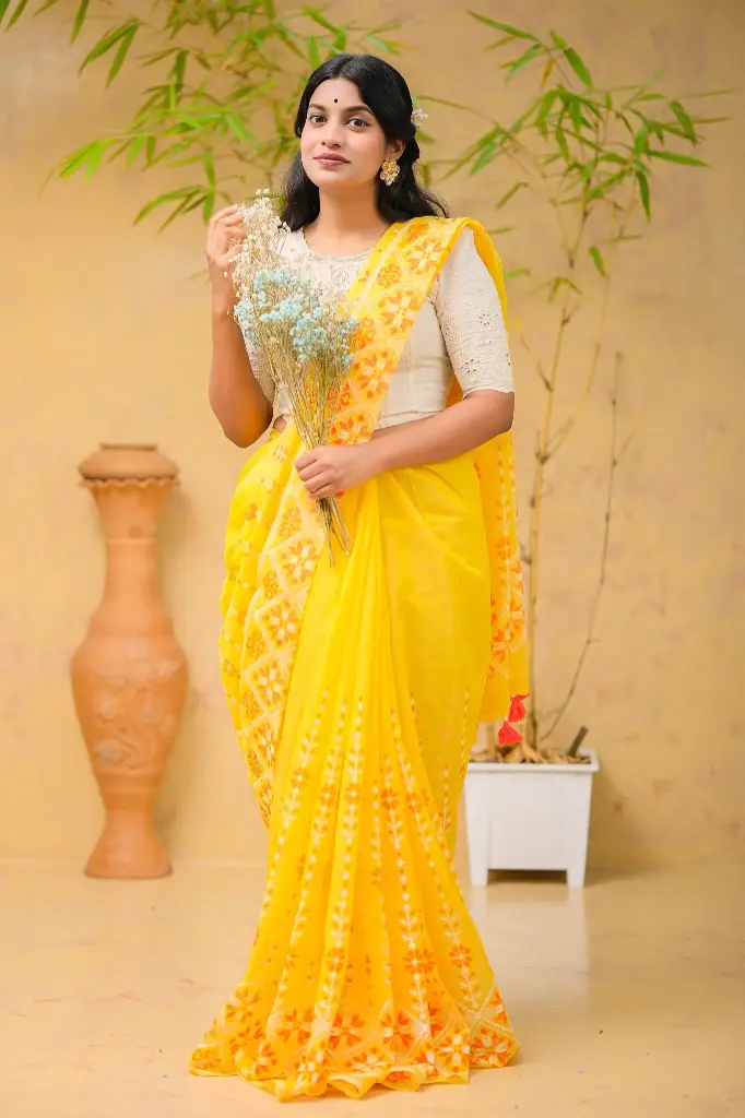 Yellow Body White Orange Floral Half Silk Screen Print Sharee