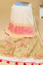 White Body Golden Anchal Red Floral Half Silk Block Print Sharee