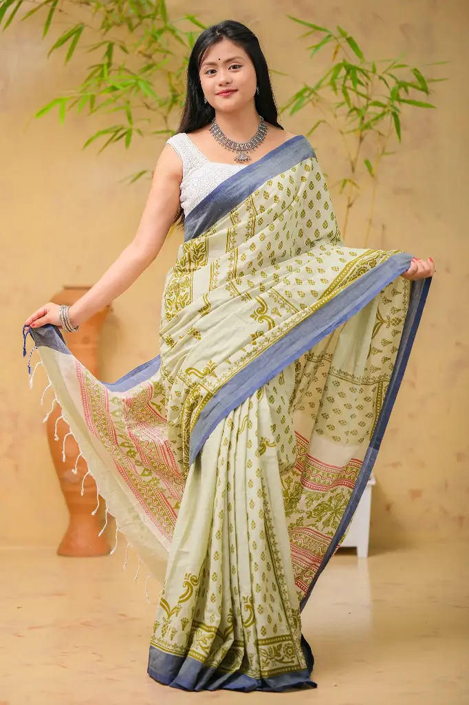 Lemon White Mixed Cotton Sharee