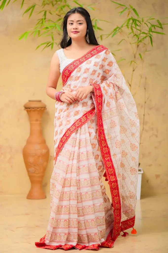 White Body Red Golden Afsan Flower Screen Print Half Silk Sharee