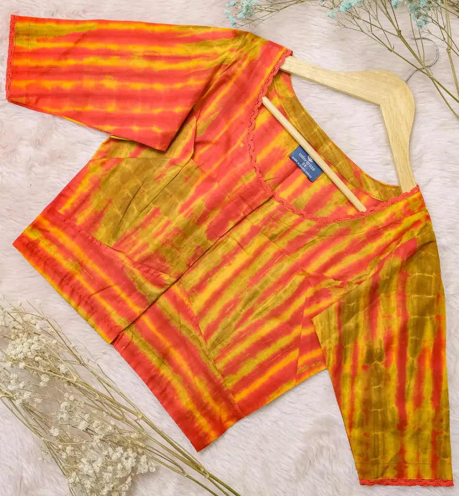 Mustard Yellow Red Lace Sleeve & Neck Natural Dye Blouse