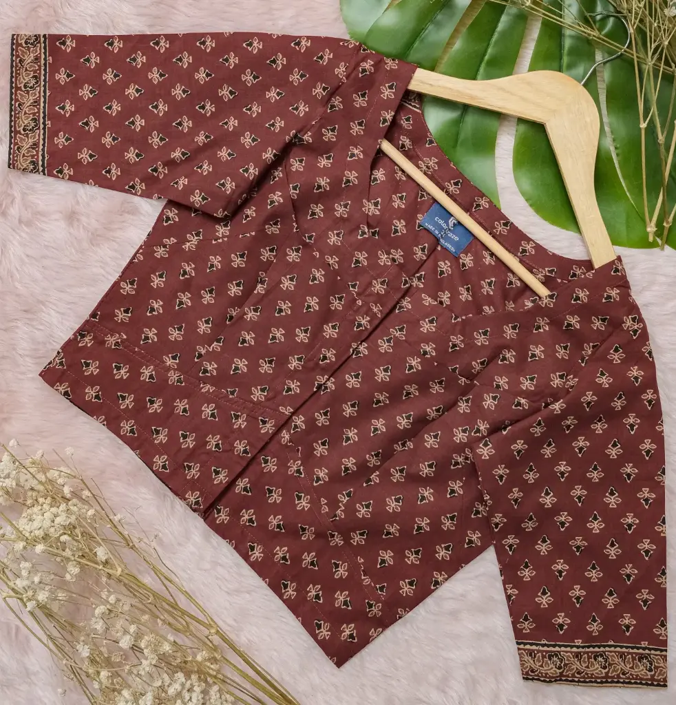 Dark Maroon Round Neck Jaypuri Cotton Blouse 