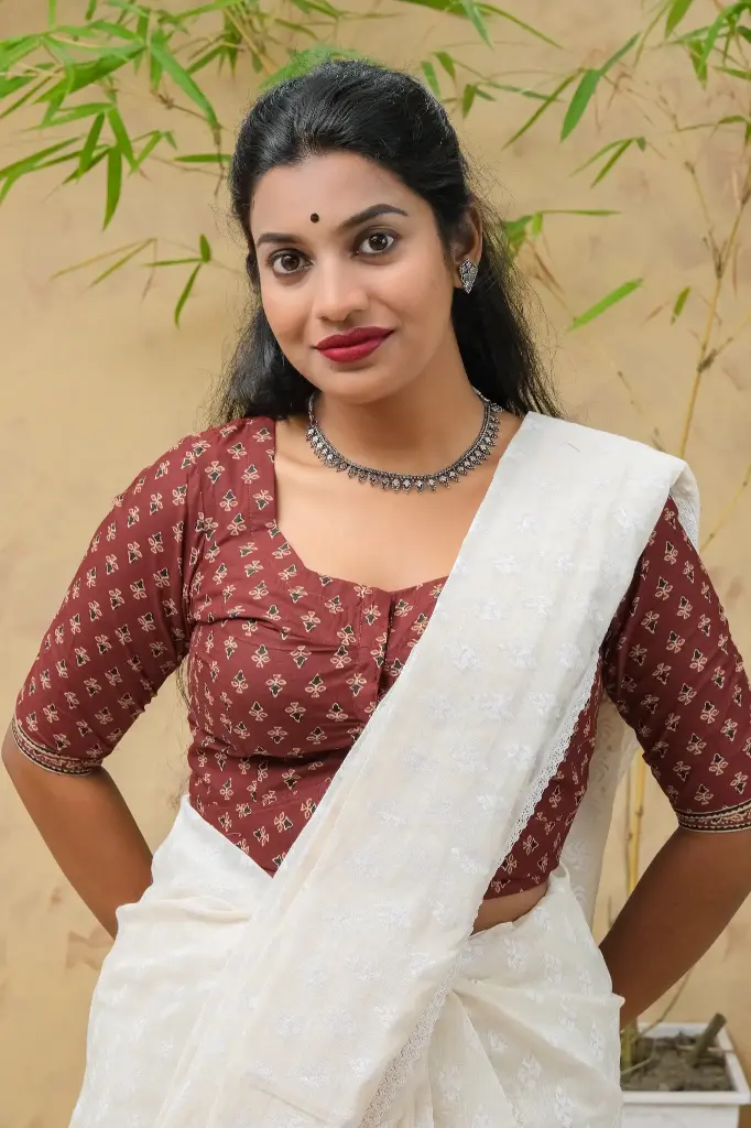 Dark Maroon Round Neck Jaypuri Cotton Blouse 