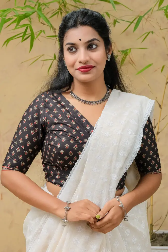 Black V-Neck Jaypuri Cotton Blouse 