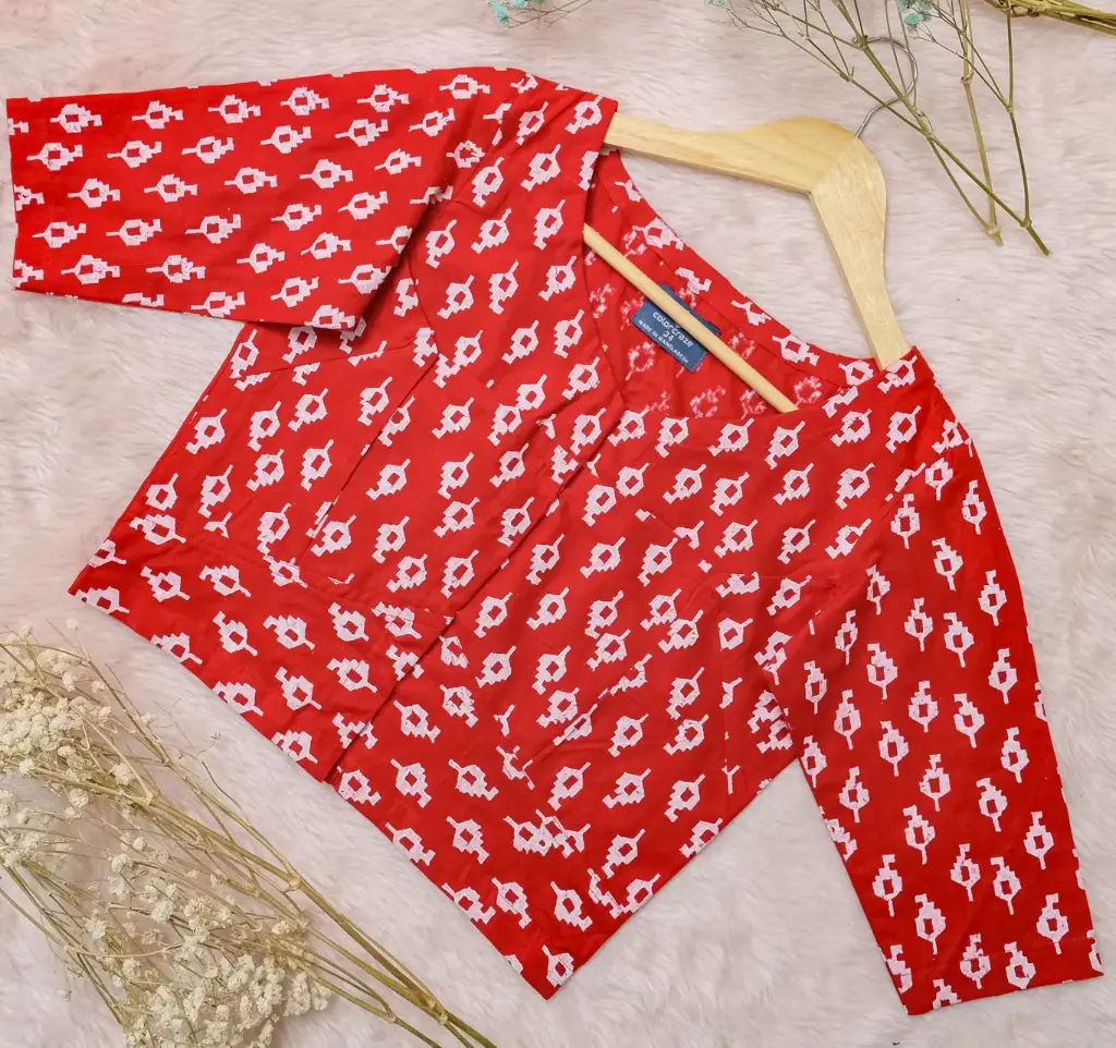 Red White Small Design Screen Print Cotton Blouse