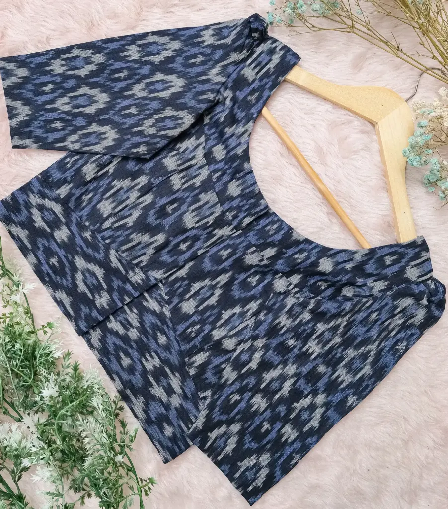 Deep Navy Blue Round Neck Ikkat Cotton Blouse 