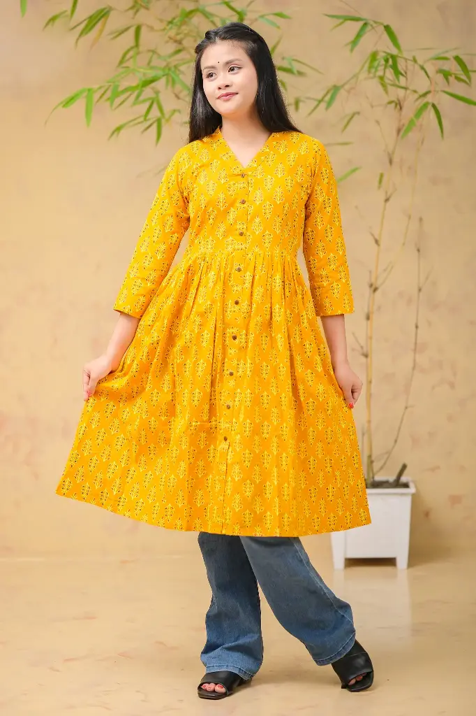 Mustard Yellow Body Yellow Red Floral Frock 