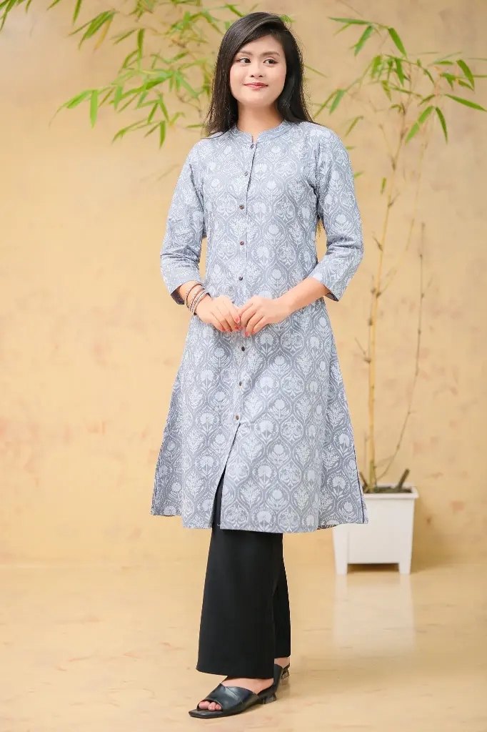 Ash White Floral A-Shaped Kurti