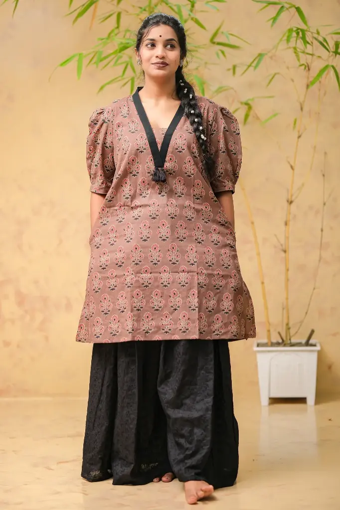 [0303] Warm Brown Black Broder Neckline Floral Jaypuri Cotton Kurti (36)