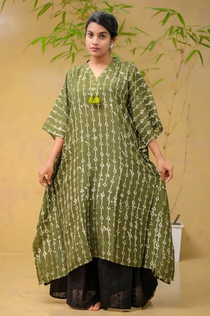 Olive White Floral Natural Dye Kaftan