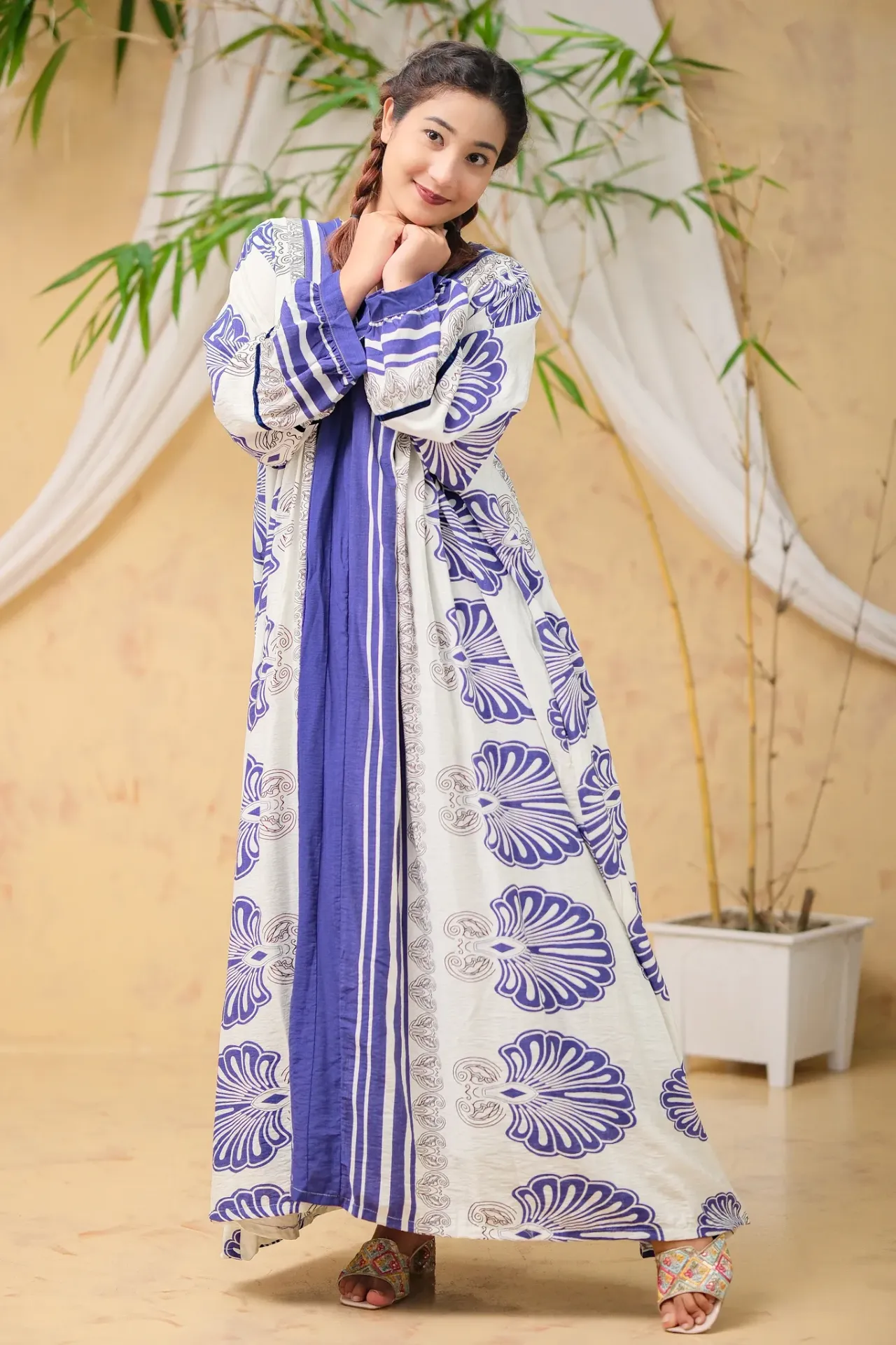 [1301] Blue White Abstract Floral Print Long Tunic