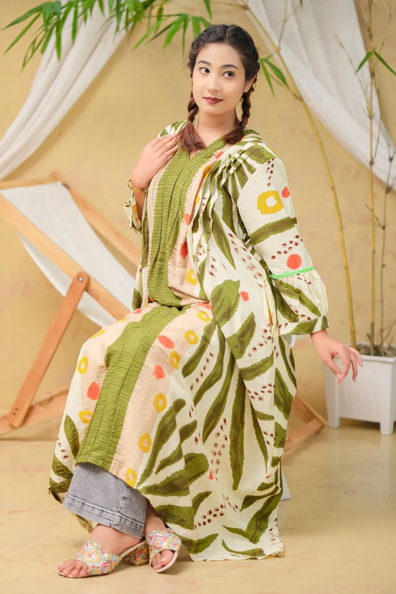 Olive Cream White Red Yellow Long Tunic