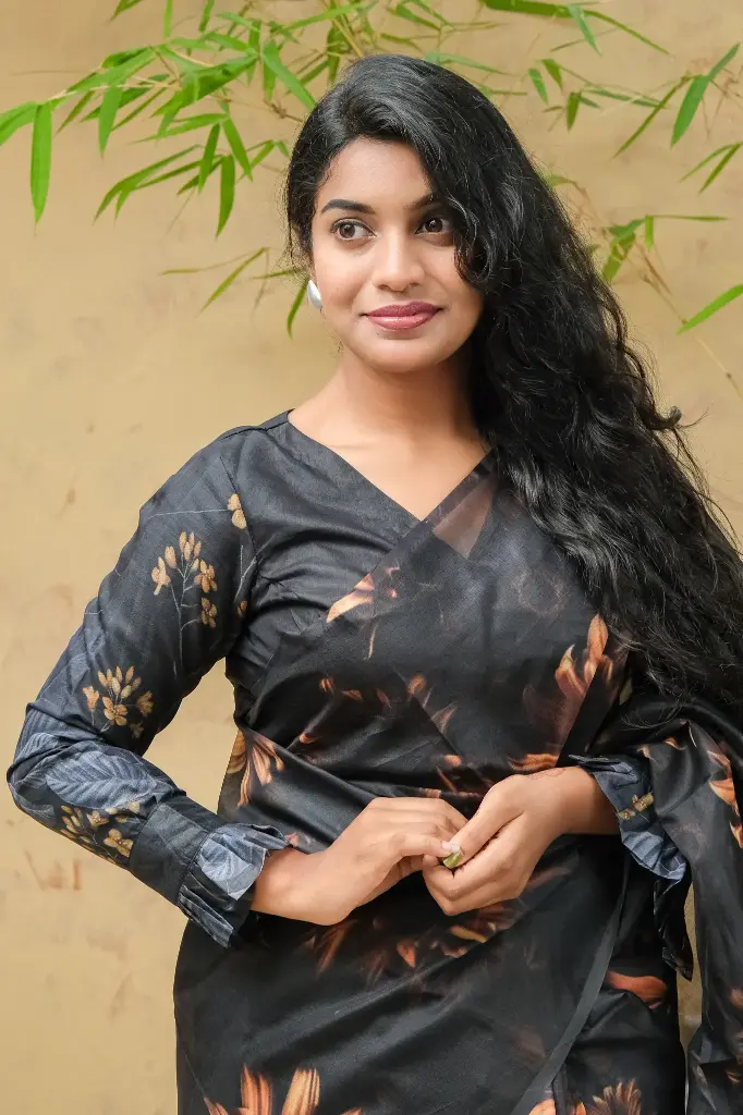 Black Floral Full Sleeve Synthetic Muslin Blouse