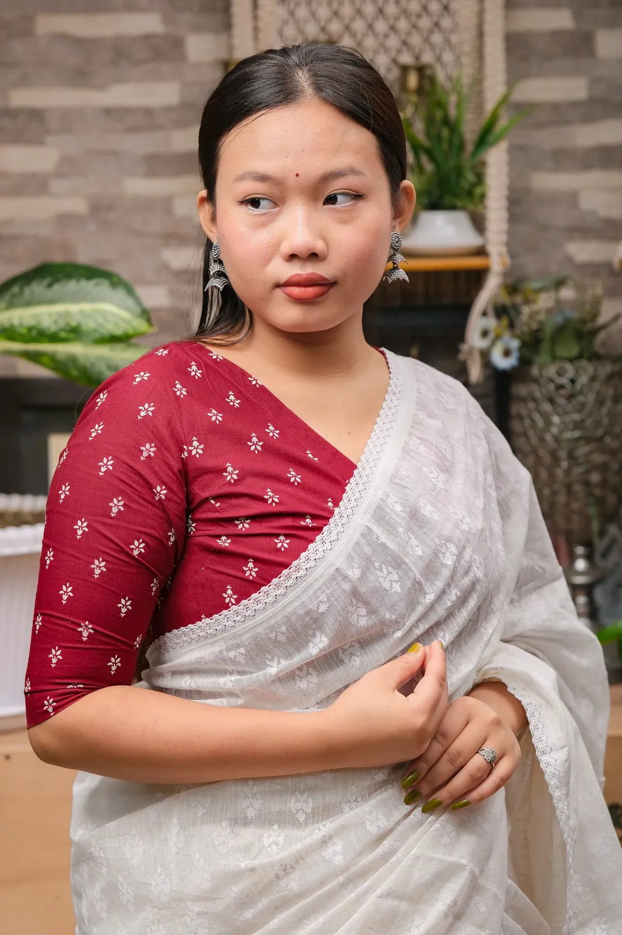 Maroon White Small Flower Screen Print Cotton Blouse