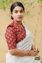 Deep Maroon White Floral V-Neck Jaypuri Cotton Blouse 