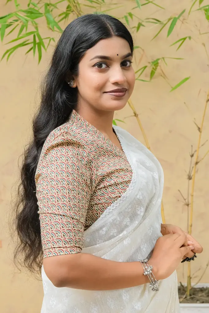 Beige Scallop Print V-Neck Jaypuri Cotton Blouse