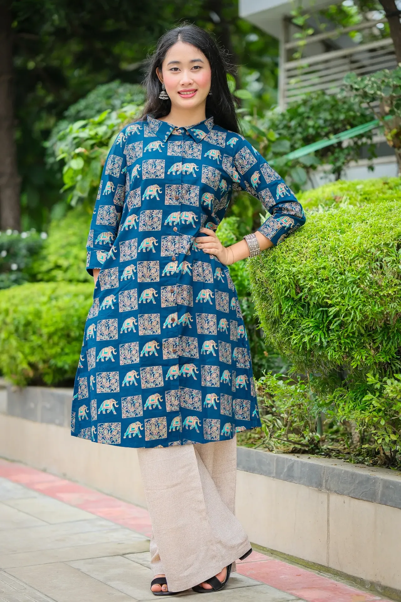 [0301] Deep Navy Blue Elephant Print A-Shaped Kurti (36)