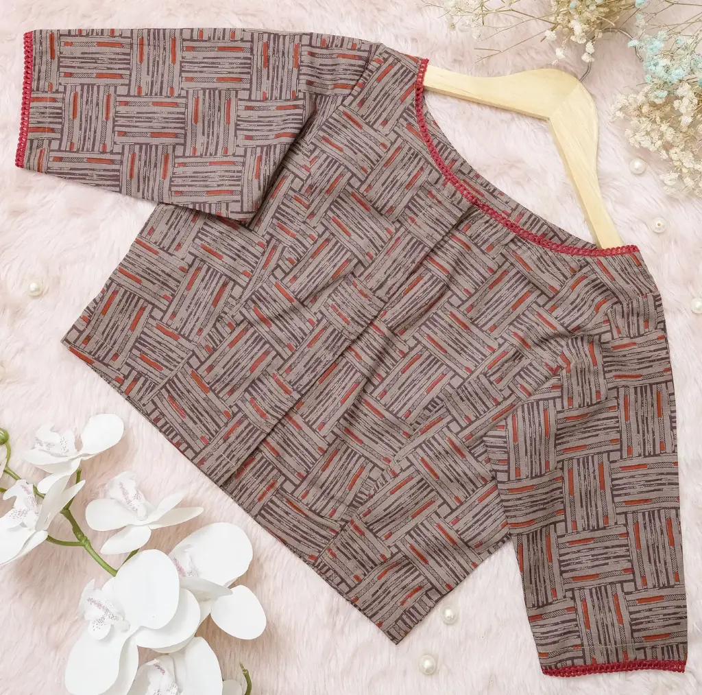 Ash Dark Brown Red Print Round Neck Screen Print Cotton Blouse