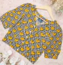 White Black Yello Love Motif V-Neck Screen Print Cotton Blouse