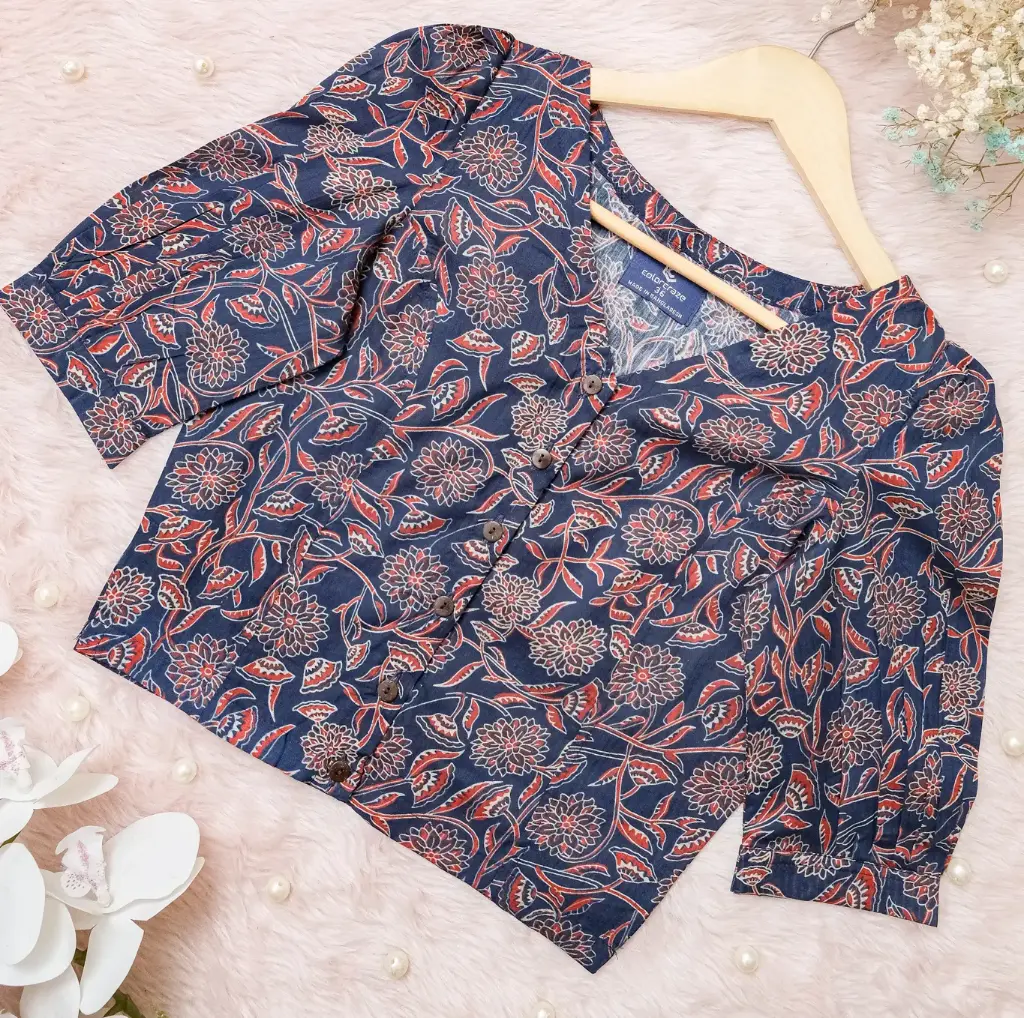 Navy Blue Maroon Floral V-Neck Screen Print Cotton Blouse