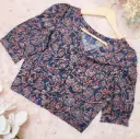 Navy Blue Maroon Floral V-Neck Screen Print Cotton Blouse