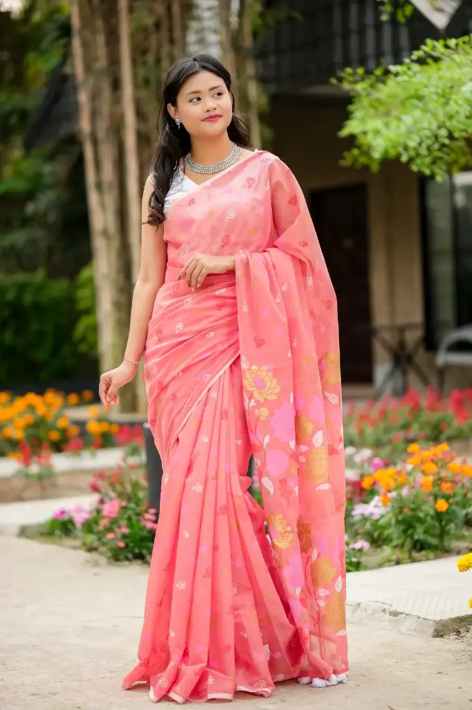 Soft Coral Pink Body Floral Anchal Digital Print Mix Cotton Sharee