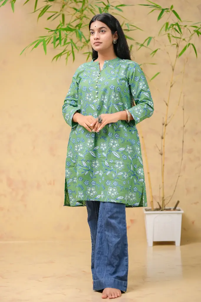 Dark Mint Body Blue Frolal Short Kurti
