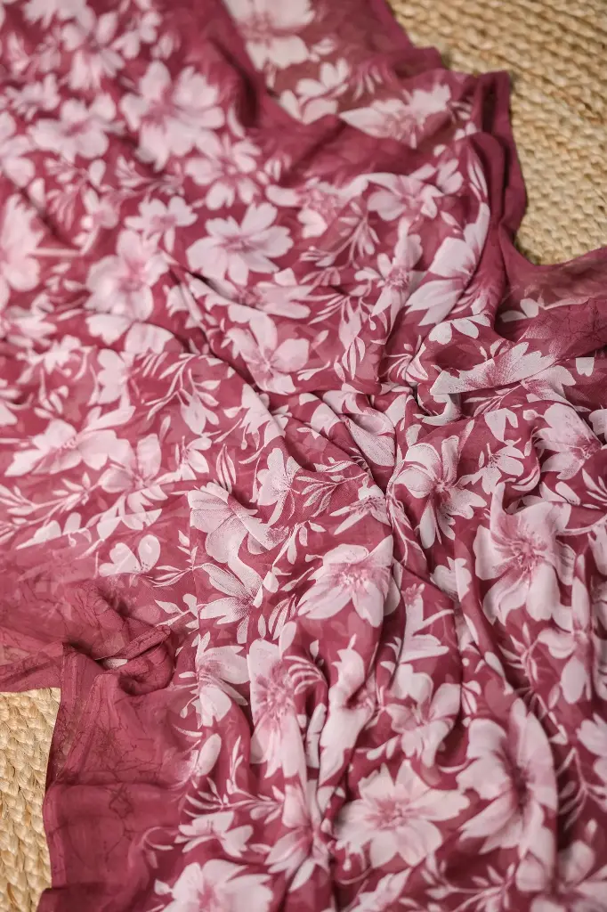 Deep Burgundy Body White Floral Georgette Sharee