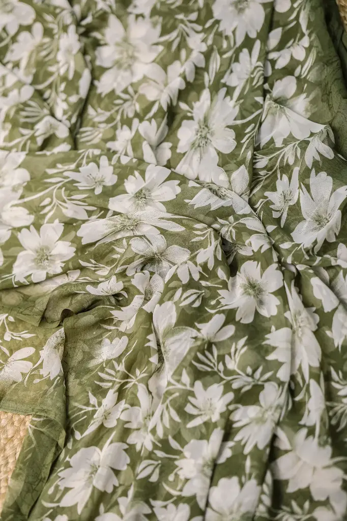 Olive Body White Floral Georgette Sharee