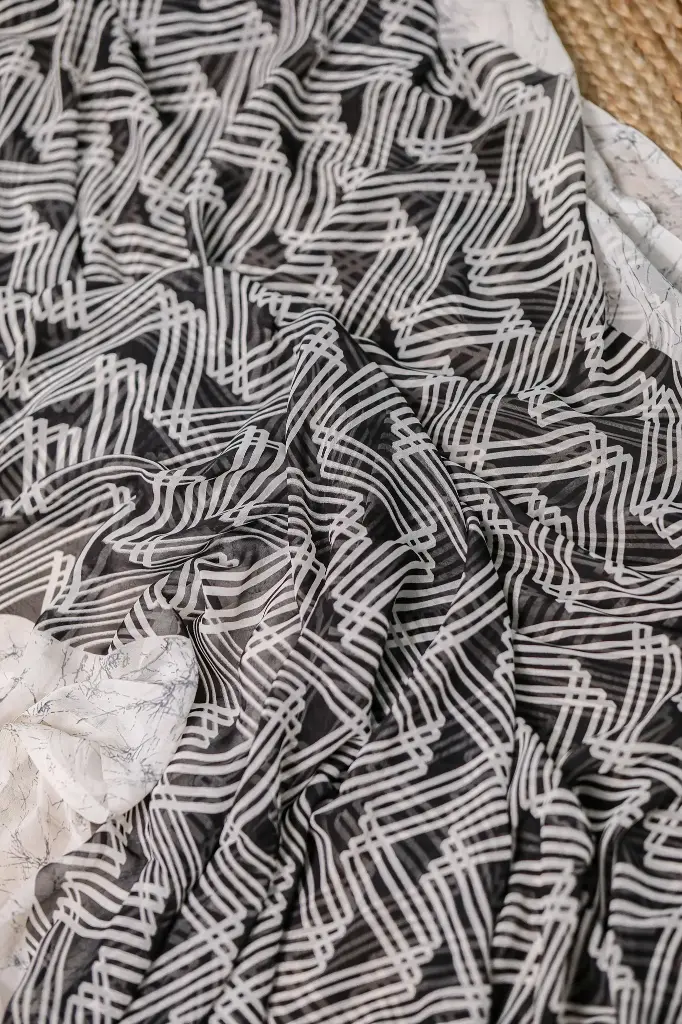 Black Body White Zigzag Design Georgette Sharee