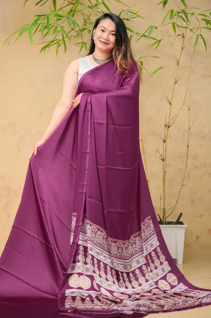 Wine Purple Azrakh Silk Sharee